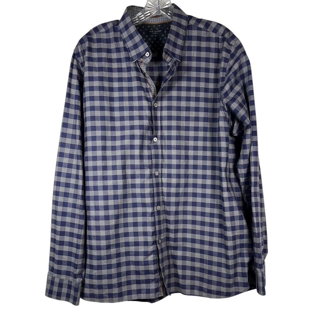 Ted Baker London Sz 6 2XL XXL Men's Blue Gray‎ Check Cotton Casual Shirt